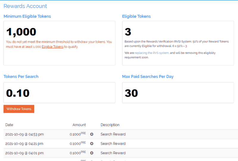 25 Free Presearch Tokens 30 presearch rewards page